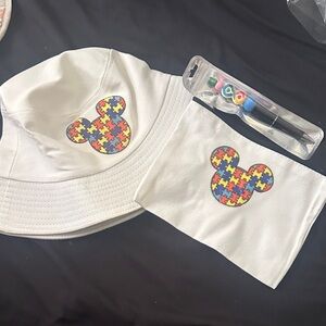 Kids White Bucket Hat and Pouch Set with Puzzle Mickey Design